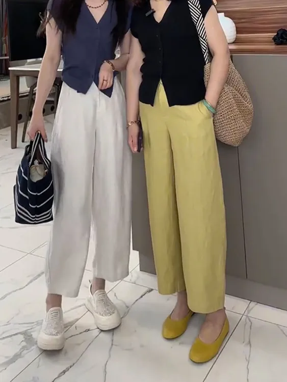 天丝亚麻休闲裤女夏季新款大码胖mm小个子遮肉显瘦九分香蕉奶奶裤