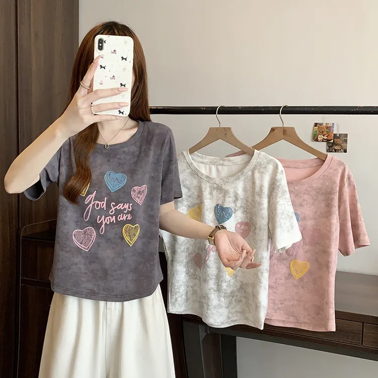 2025夏装韩系新款胖mm大码女时尚扎染爱心字母印花短袖T恤