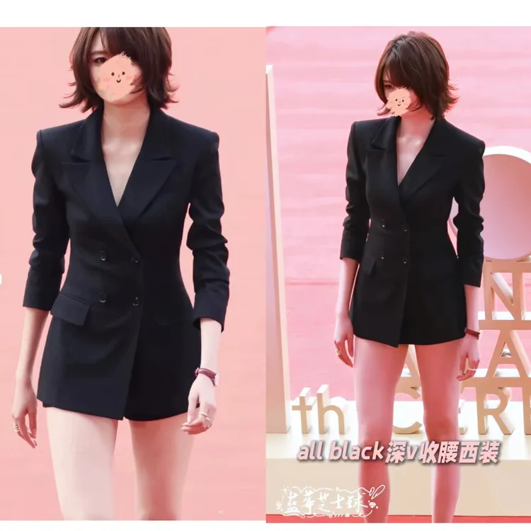 all black 【白翊汝同款】黑色收腰显瘦高级感气质双排扣正肩西装