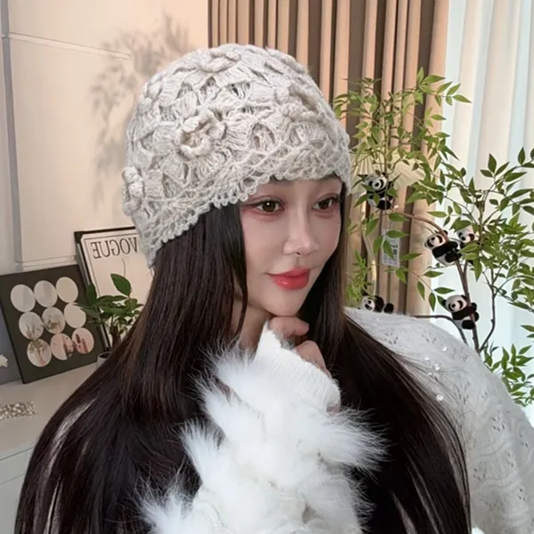 秋冬新款手工钩织法式花朵针织帽韩版包头帽毛线帽保暖帽子显脸小