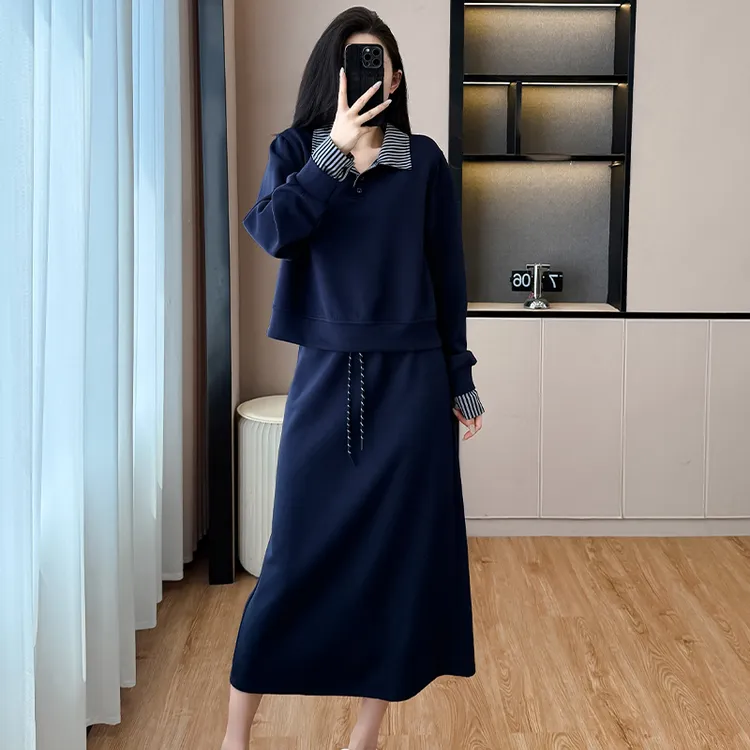 秋冬新款胖妹妹显瘦穿搭拼接翻领卫衣套装女遮肉上衣半身裙两件套