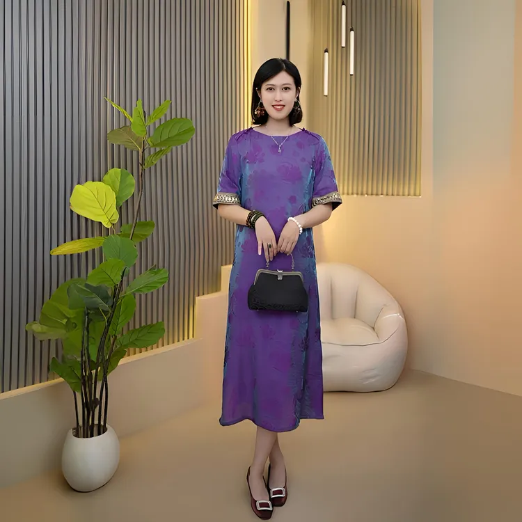 紫霞新中式新款百搭不褪色短袖绫罗提花连衣裙女中长款湖光锦休闲