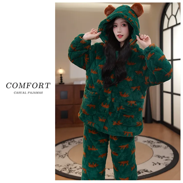 三层夹棉加绒加厚2025冬季新款爆款卡通动漫睡衣套装女保暖家居服