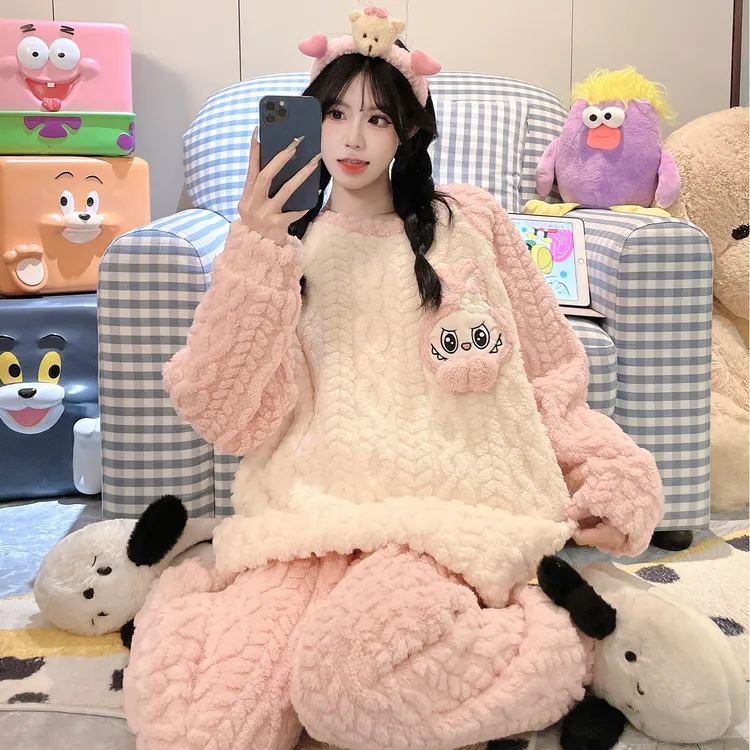 法兰绒睡衣女童秋冬季加绒加厚家居服儿童女孩大童珊瑚绒保暖套装