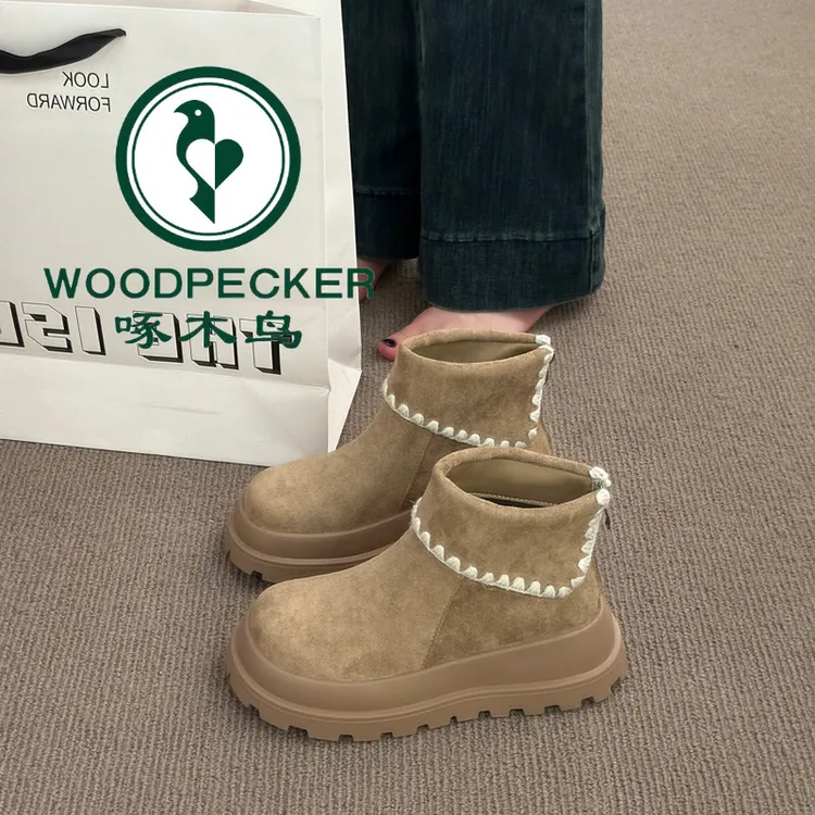 啄木鸟网红厚底马丁靴巨好看的短靴子2025新款秋冬季后拉链雪地靴