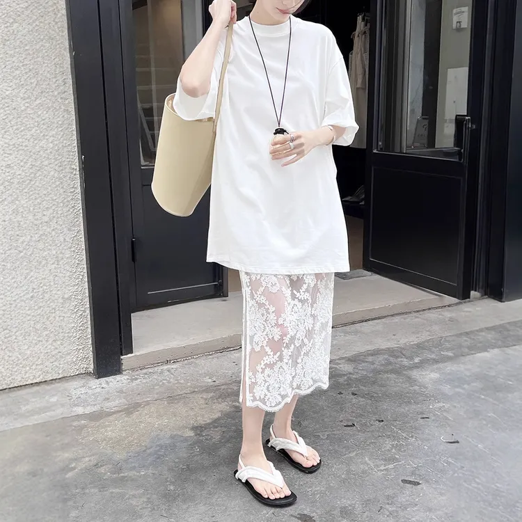 春上新 2025春夏新款韩系慵懒风宽松T恤蕾丝半裙套装女