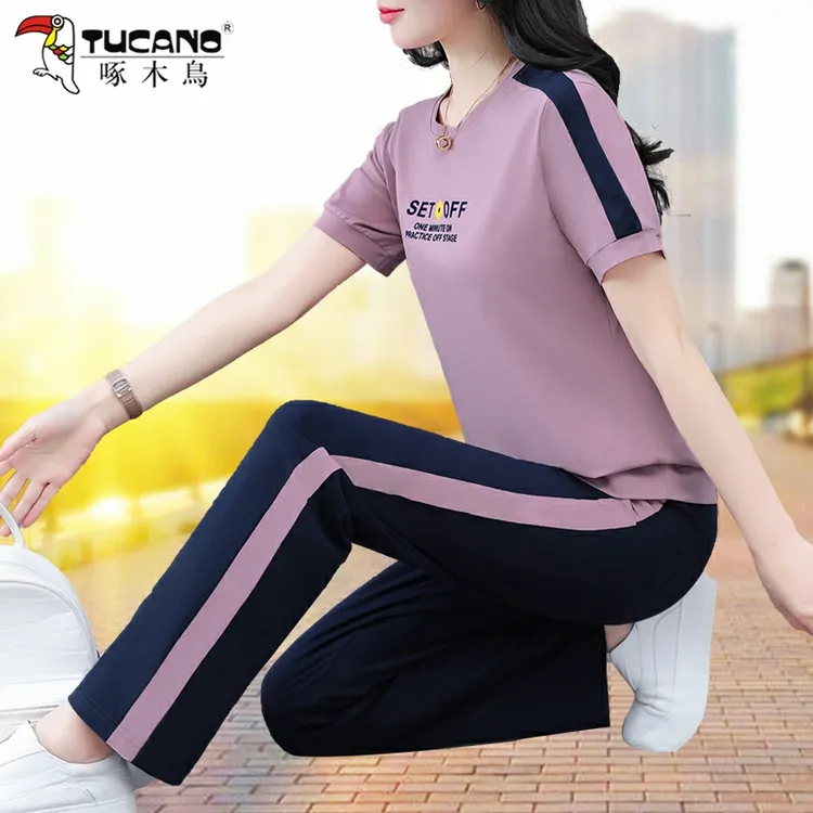 啄木鸟休闲百搭短袖长裤女套装夏季宽松百搭洋气印花运动服两件套