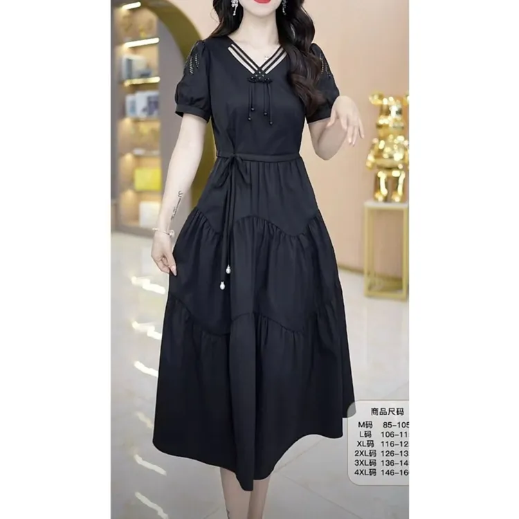 高档冰竹棉面料连衣裙2025夏季新款简约时尚遮肉显瘦中长款礼服裙