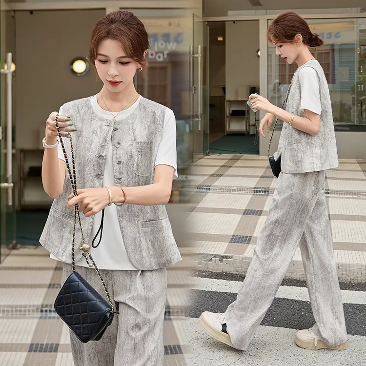 韩系晕染马甲时尚套装2025年夏季新款设计感气质百搭阔腿裤三件套