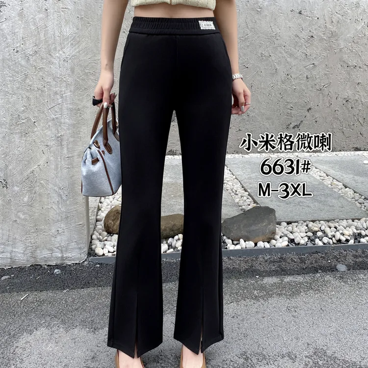 6631#（玲玲）小米格开叉微喇叭秋冬款显瘦垂坠感宽松休闲黑色女士