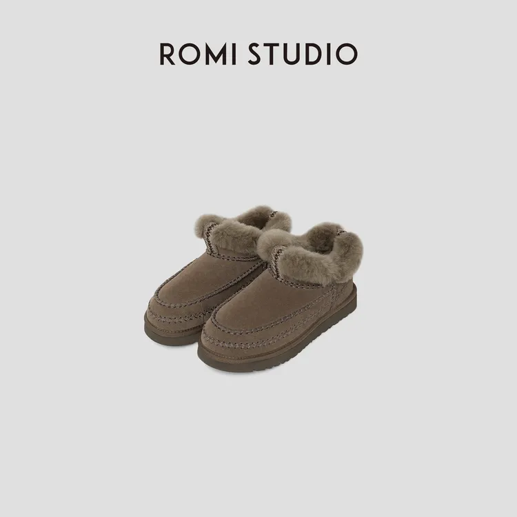 ROMI STUDIO牛反绒拼羊羔毛手工马克线短筒毛边雪地靴RW24WP30906