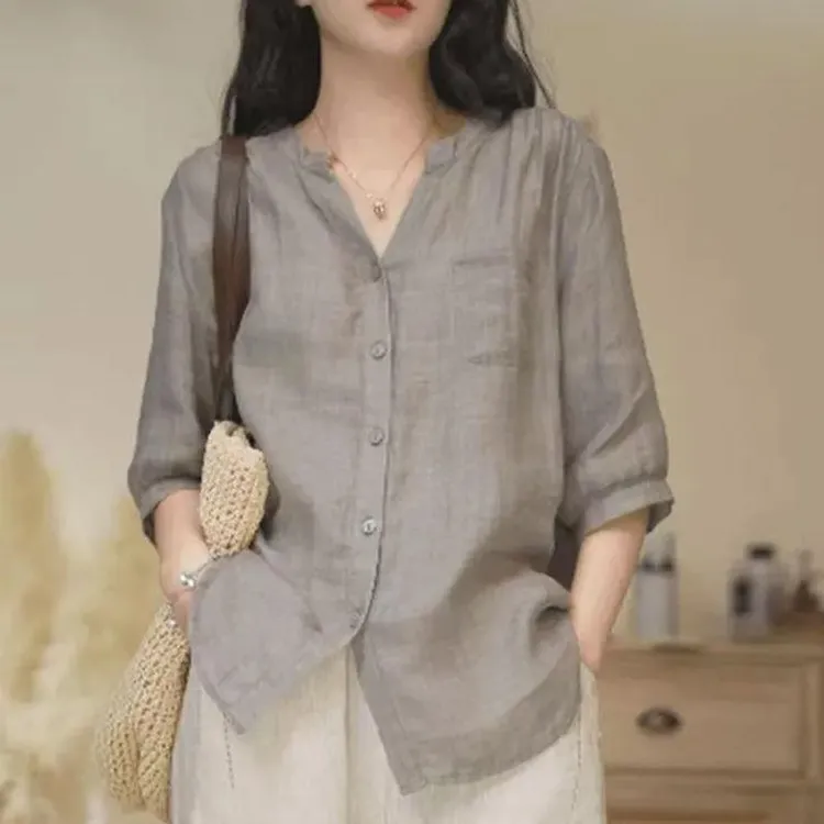 皮尔卡丹时尚高级感复古苎麻衬衫女夏季新款轻奢妈妈装宽松显瘦小