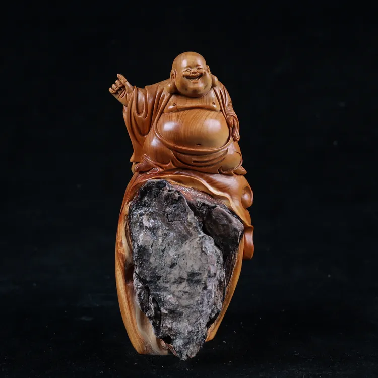 木雕抱石弥勒佛纯手工雕刻家居摆件纳福送礼