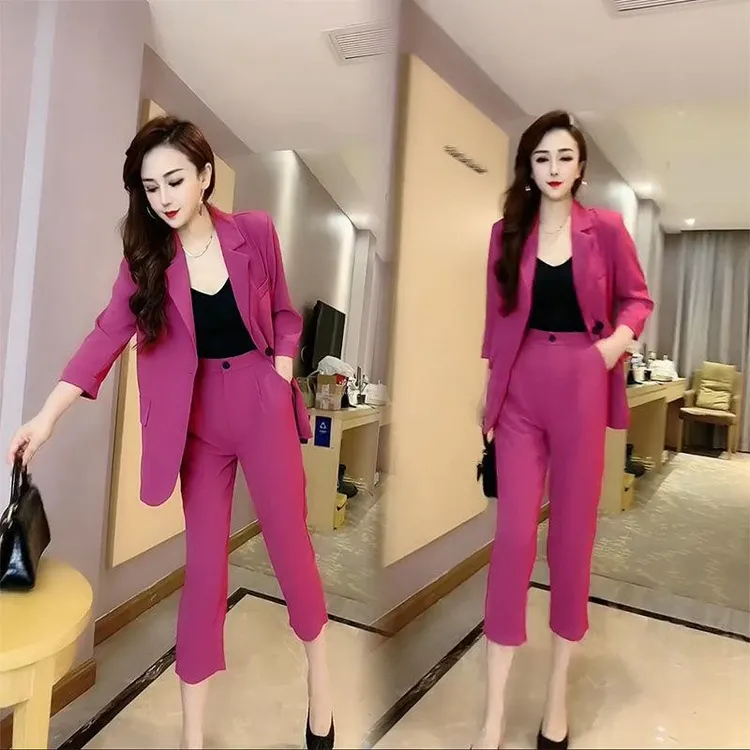 抖音网红气质西服套装2025年夏薄款西装外套高腰七分直筒裤两件套