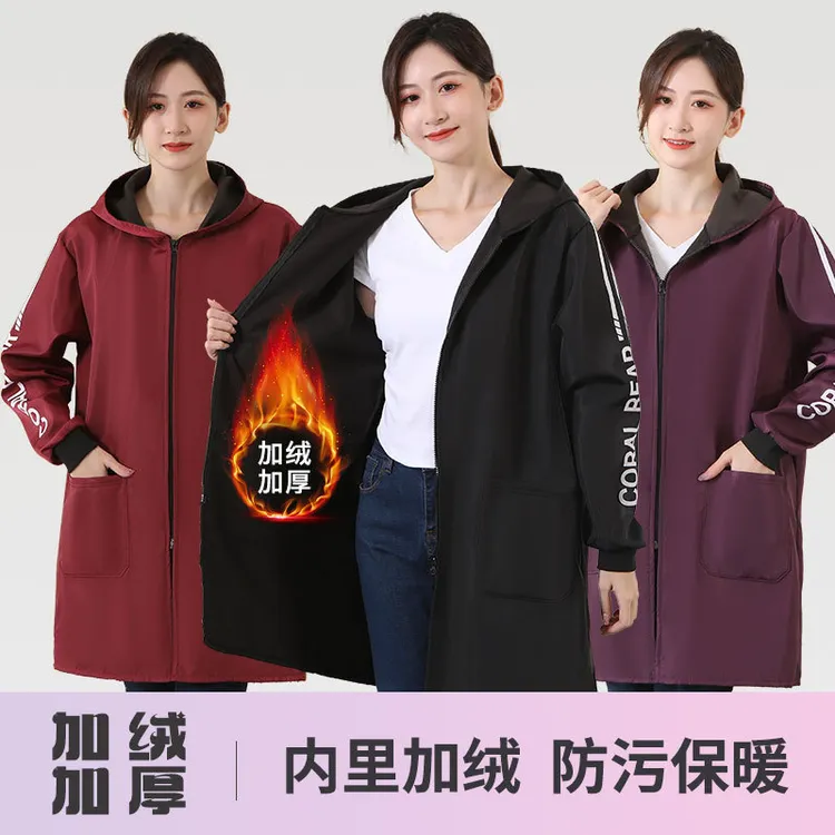 秋冬加绒加厚罩衣成人女长袖厨房防水防油围裙搬运物流大褂工作服