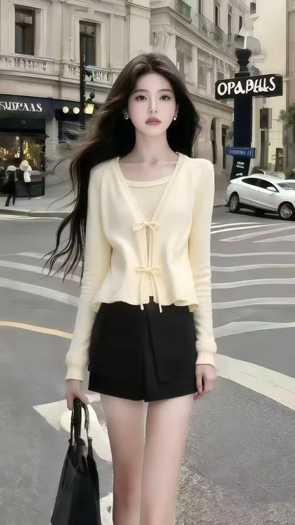 秋季小众甜美氛围感穿搭黄色长袖圆领设计感上衣+黑色百搭短裙女