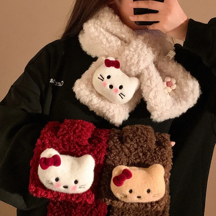酒红色可爱Kitty猫毛绒护颈交围脖女士冬季保暖围巾学生骑行防风