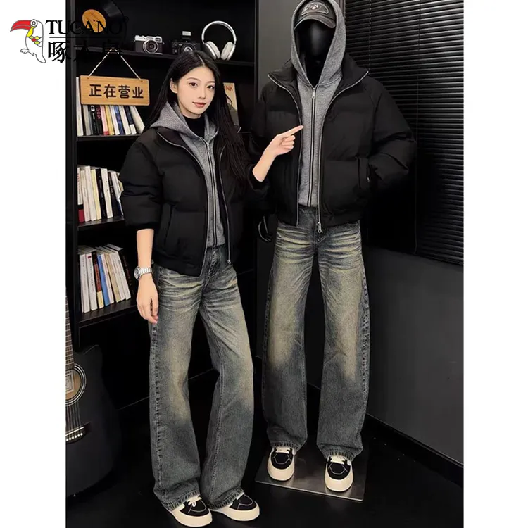 啄木鸟高品质重磅美式高街假两件PU皮棉衣男冬季新款加厚棉服外套