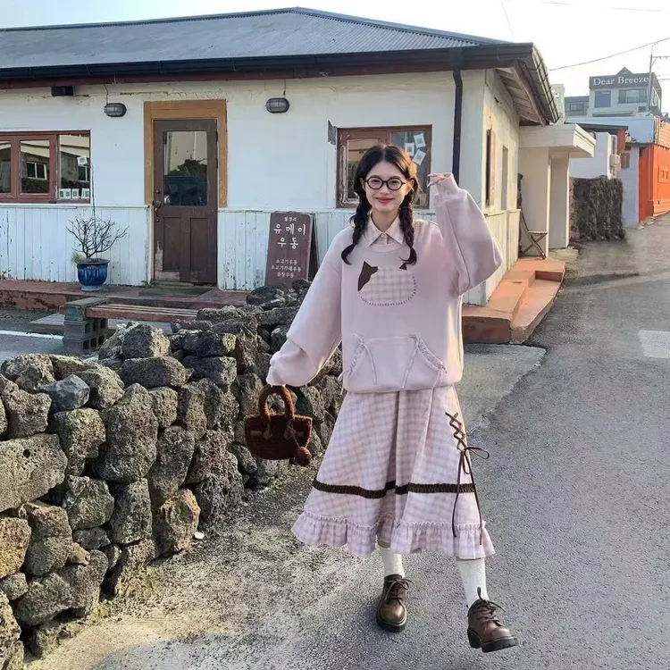 甜美可爱粉格高腰半身裙假两件卫衣两件套女秋冬显瘦休闲套装
