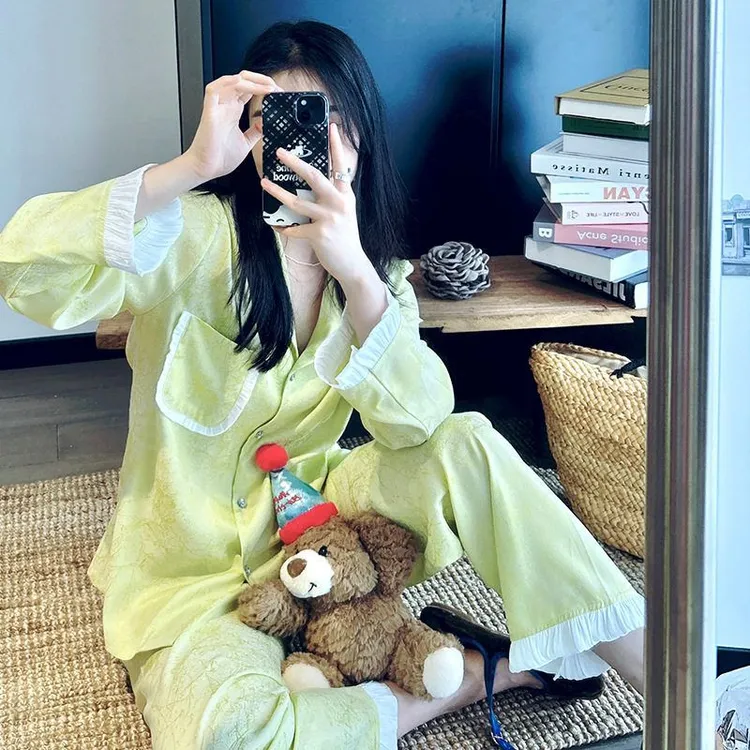 春秋季睡衣套装甜美少女宽松冰丝提花舒适可外穿女士家居服可代