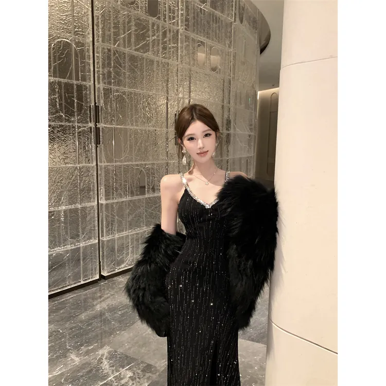 名媛法式温柔气质女神高级感轻烫钻亮片礼服裙收腰显瘦内搭长裙女