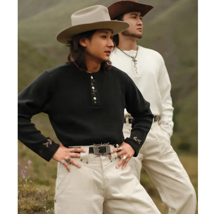 西部系列240G华夫格全棉水洗绣花 亨利领花卉长袖T恤 MBBCAR窄幅