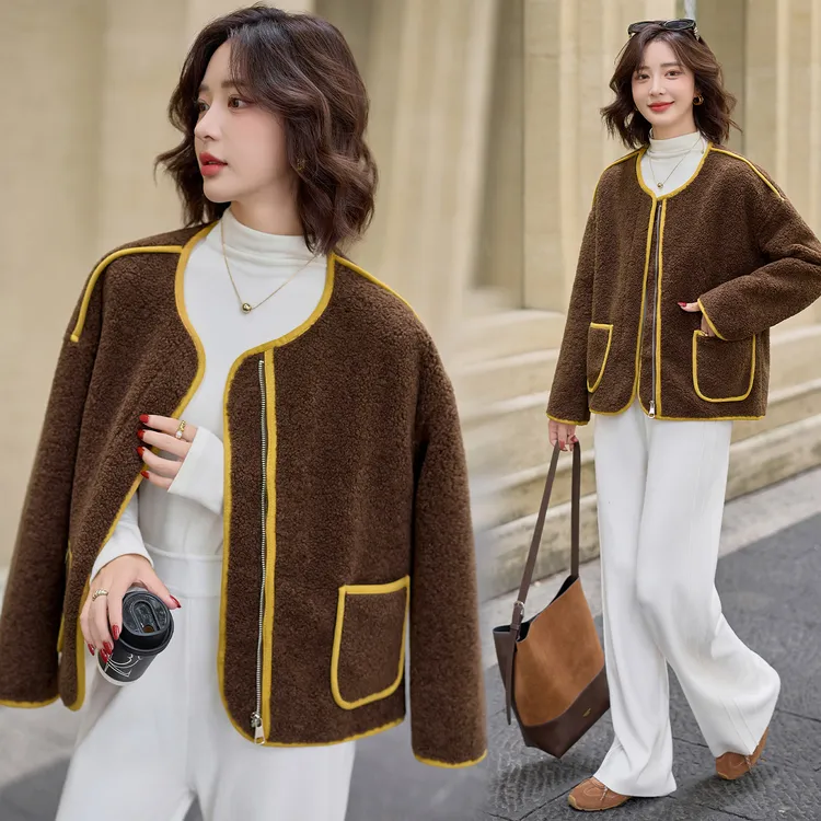 休闲时尚撞色羊羔毛外套女2025年冬季新款韩版气质小个子短款上衣