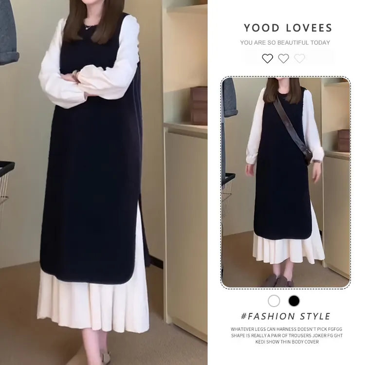 法式拼接长袖连衣裙女2025春秋新款赫本风气质风高级感马甲两件套