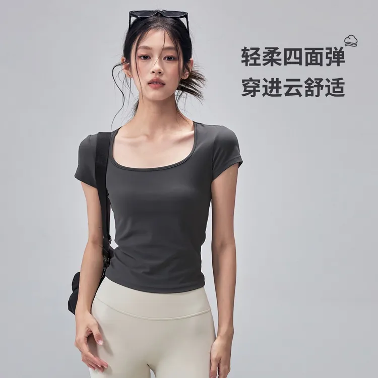 弹力显瘦透气运动短袖女方领瑜伽服上衣修身速干训练休闲健身T恤