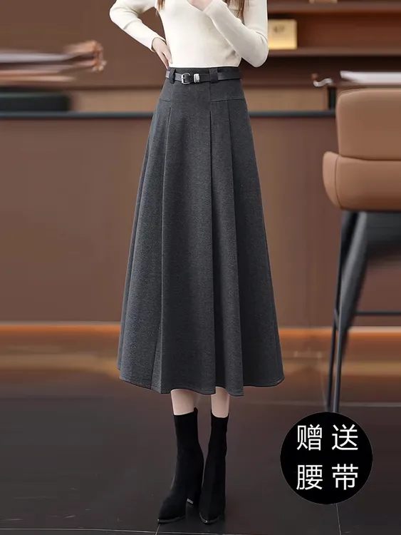 灰色毛呢半身裙女秋冬季2025年新款高腰中长款百褶裙A字伞裙