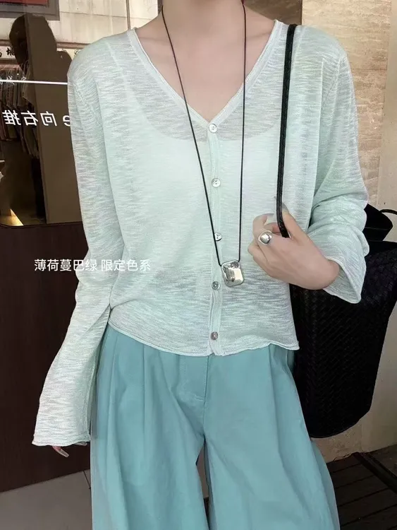 【天丝亚麻】超薄针织韩系清凉透气长袖开衫开衫薄针织衫女夏外搭