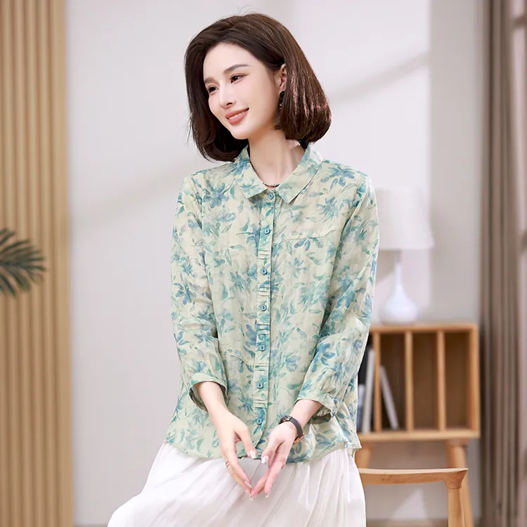 春季新款纯苎麻印花衬衫修身显瘦长袖上衣清新文艺风女装碎花气质