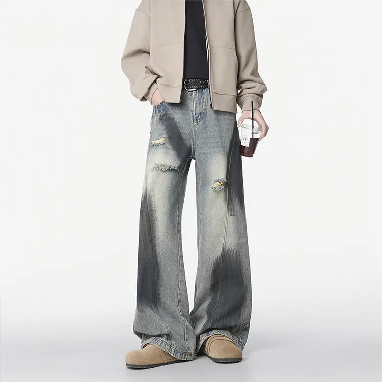 美式复古弯刀破洞牛仔裤男女潮牌高街涂鸦做旧小众宽松水洗阔腿裤