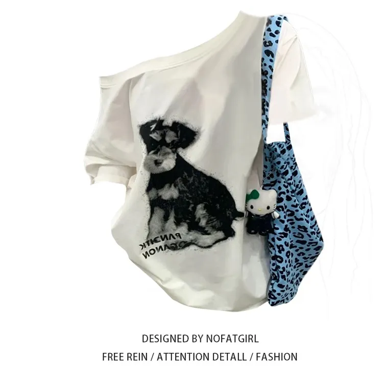 大码胖妹妹国潮牌美式复古印花一字肩斜肩短袖T恤女夏季露肩上衣