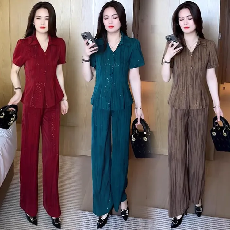 冰丝时尚套装女2025夏季新款洋气显瘦V领短袖上衣阔腿裤两件套潮