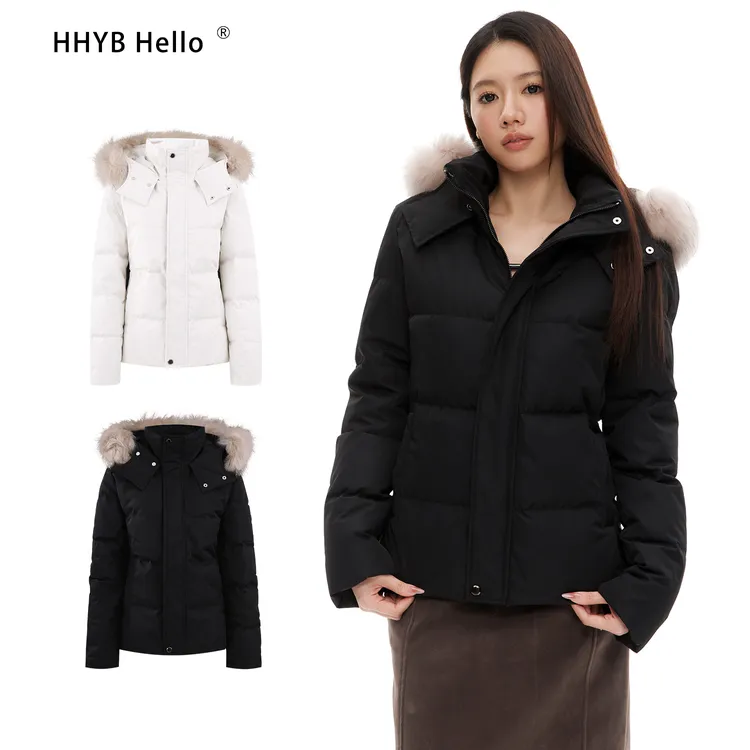 HHYB Hello纯色基础收腰版羽绒服白色修身可拆卸毛领外套Q252087