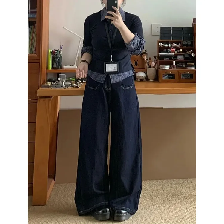 260斤深蓝色阔腿大码牛仔裤女新款胖mm显瘦梨形身材宽松直筒裤