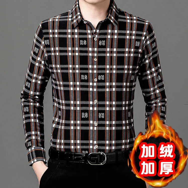 585加绒加厚长袖衬衫男格子针织衬衣冬季中老年保暖内衣打底衫t恤