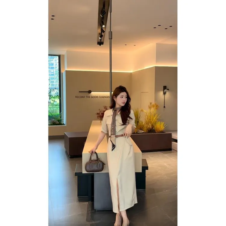 【轻奢老钱风】松弛感衬衫连衣裙女气质通勤收腰修身裙子送腰带夏季