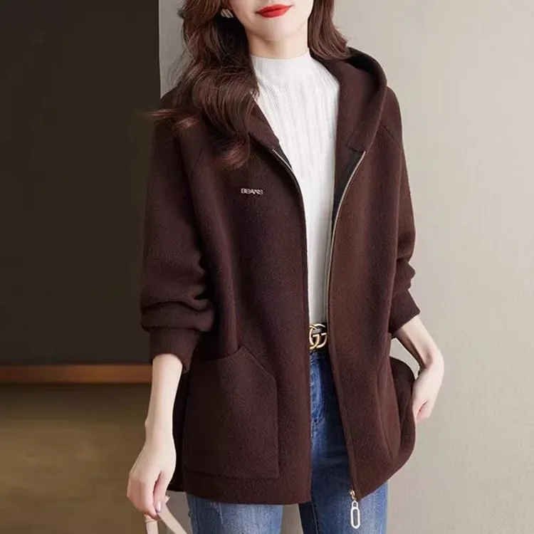 秋冬女中老年双面毛呢外套时尚妈妈大码宽松遮肚连帽开衫拉链上衣