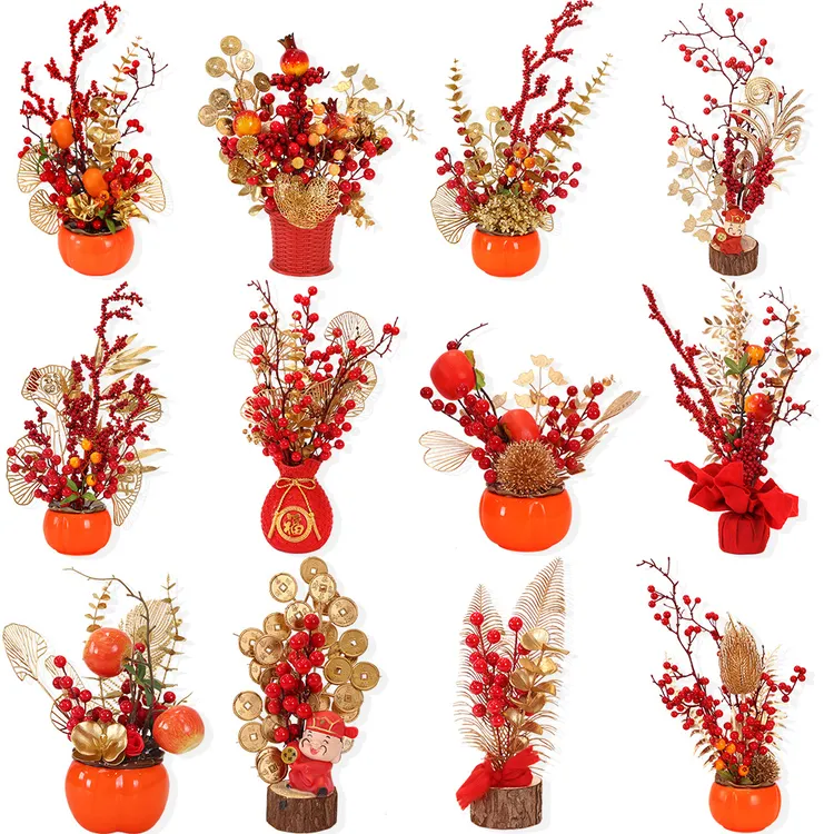 福桶插花小盆栽乔迁开业客厅前台摆件柿柿如意发财果装饰喜庆花盆