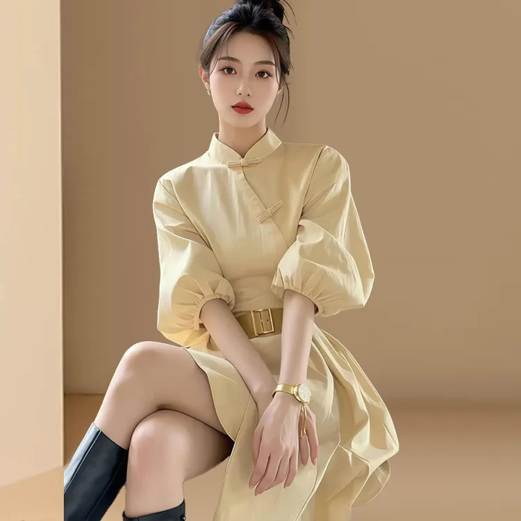 新中式盘扣立领衬衫连衣裙女收腰显瘦短裙2025春秋新款高级感女装