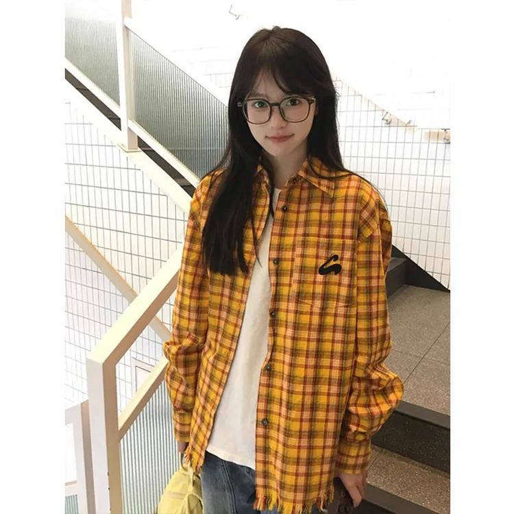 黄色毛边格子衬衫男夏季美式多巴胺格纹衬衣cleanfit薄款长袖外套