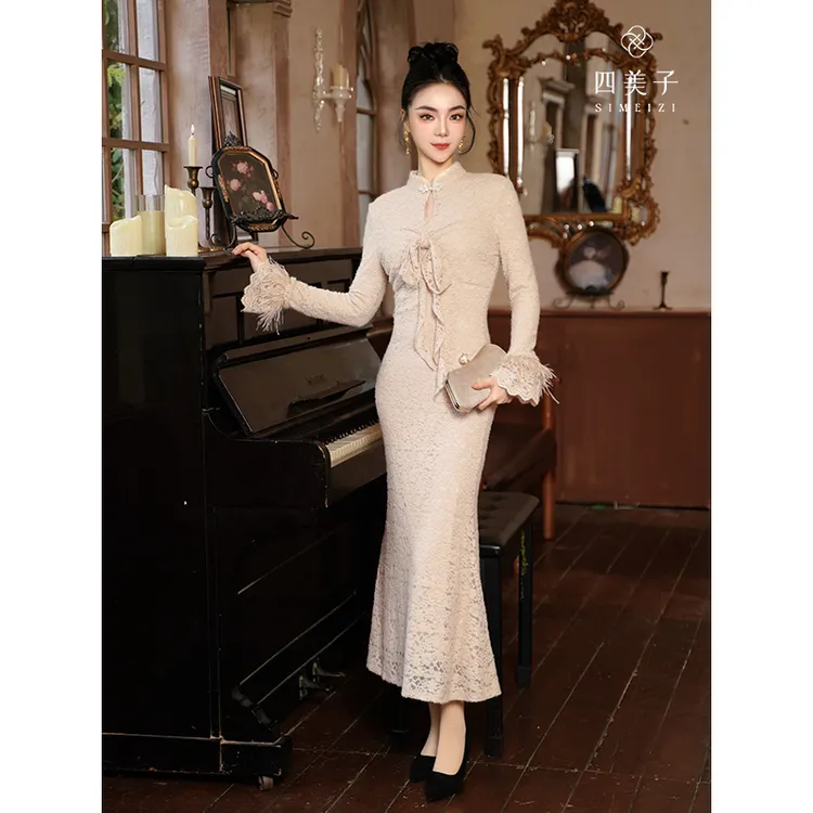 四美子【月光柔】冬新款新中式气质法式加厚优雅蕾丝鱼尾旗袍连衣裙