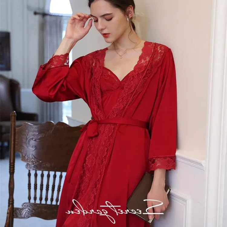 新年大红喜庆花边春季长袖带胸垫吊带睡裙两件套睡袍冰丝缎面