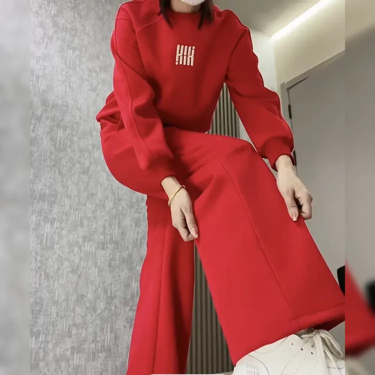 休闲运动时尚加绒套装刺绣设计字母卫衣直筒裤百搭洋气两件套