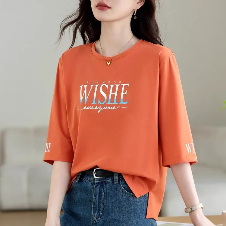 【精梳棉时尚七分袖】夏季新款宽松圆领女装洋气减龄中袖T恤上衣潮