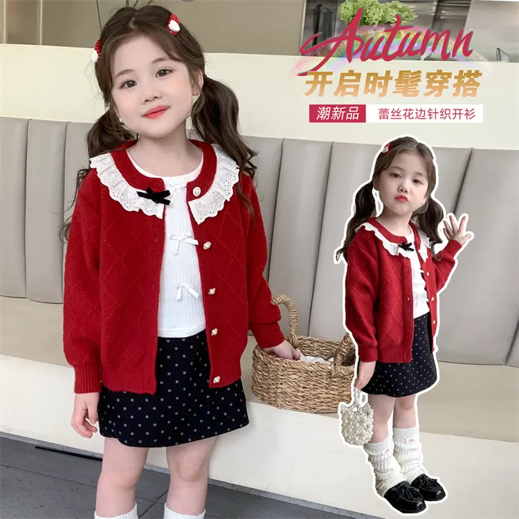 儿童毛衣女宝秋冬款2025新款女童圆领开衫针织衫红色韩范洋气厚款