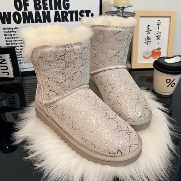 冬季新款细闪毛毛雪地靴女厚底防滑加绒加厚保暖短筒短靴百搭时尚