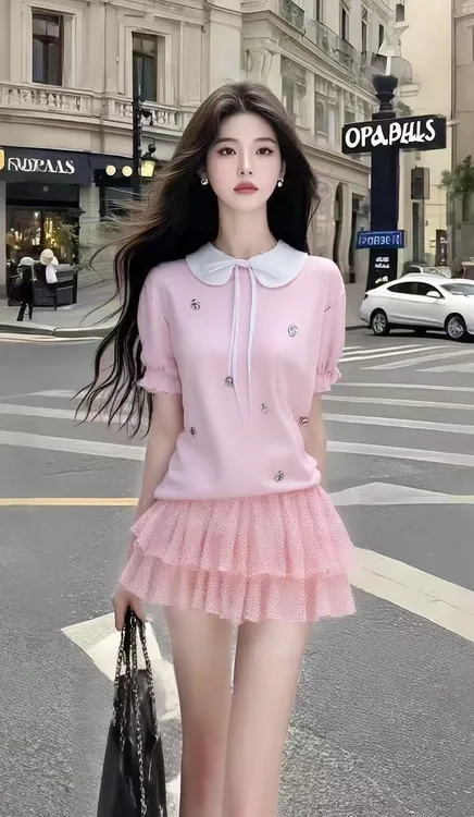 甜美少女风粉色圆领短袖松弛感上衣+粉色百搭显瘦半身裙女两件套